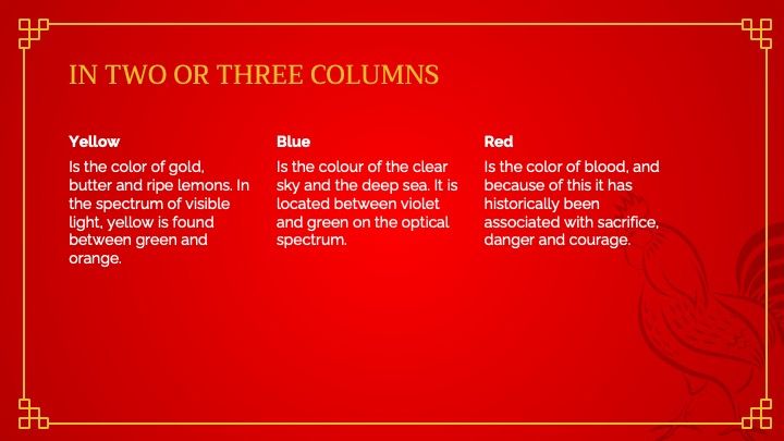 중국에서 빨간색은 행운을 상징하며 전통적으로 행복의 상징적인 색상입니다. 금은 부와 번영과 관련이 있습니다. - slide 8