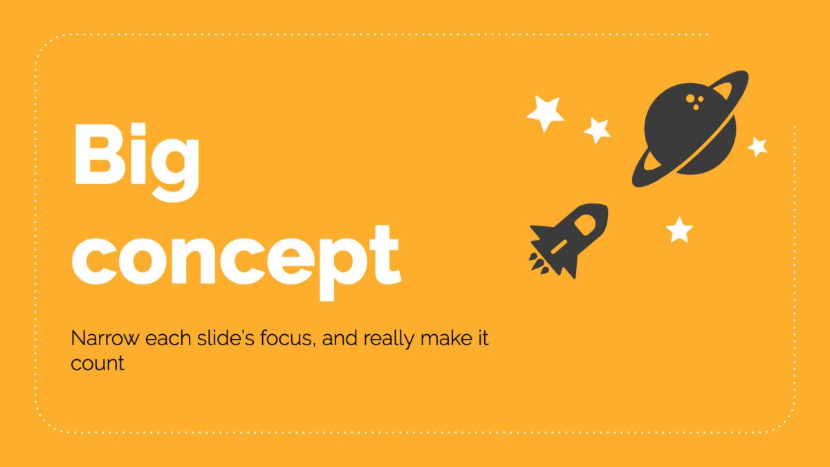 Yellow slide design with rocket illustration and "Big concept" copy