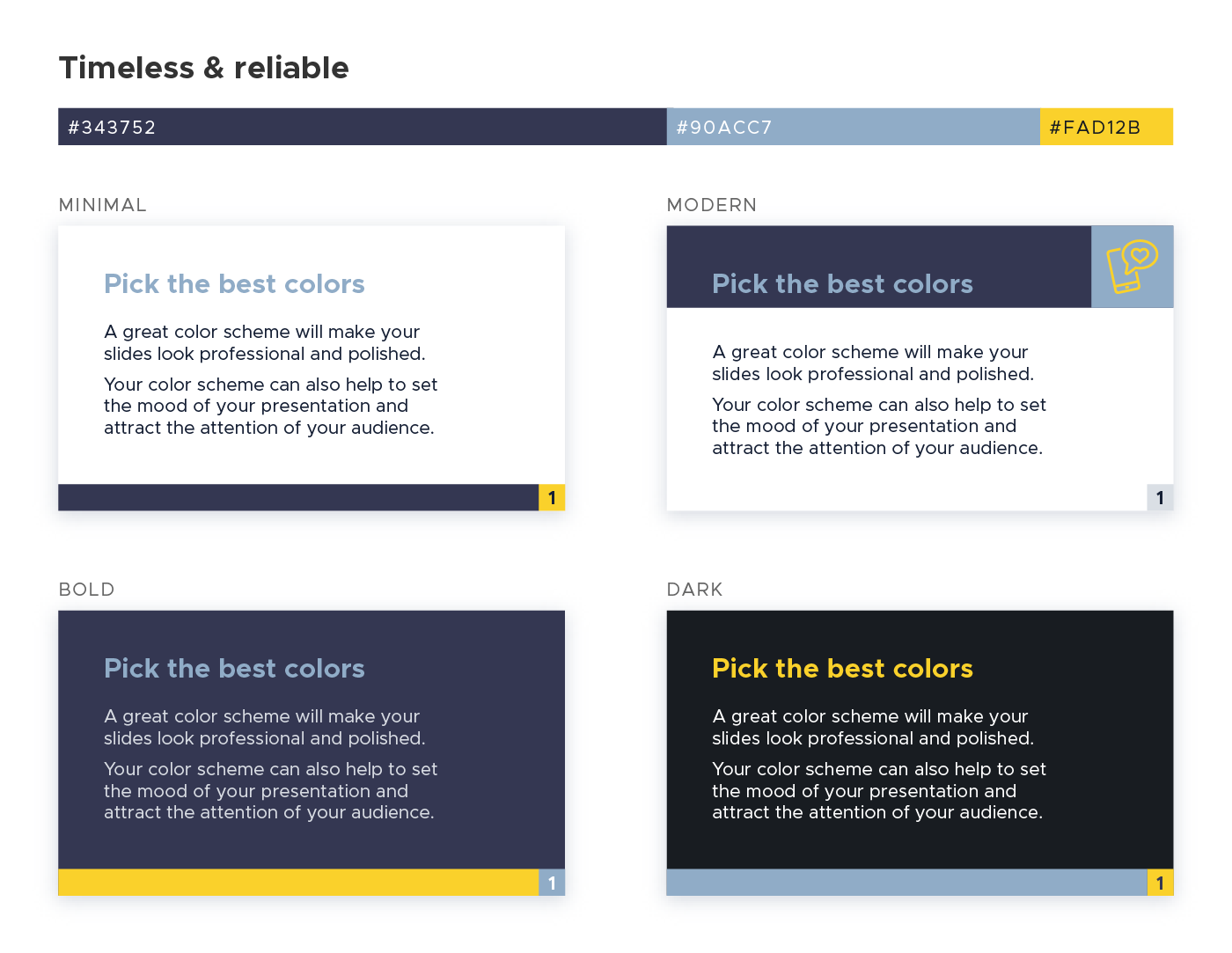 Slides Carnival Google Slides and PowerPoint Template Color scheme for presentations Timeless and reliable