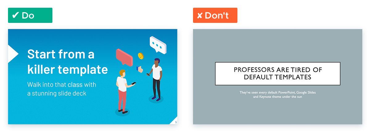 Template with custom illustrated design vs default PowerPoint template