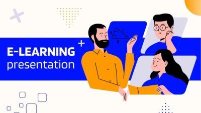 Apresentação de e-learning ilustrada em azul vivo e laranja
