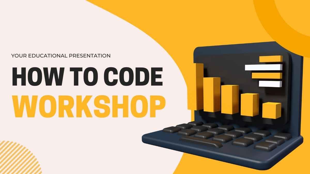 Yellow, Black and White 3D Illustrative How to Code Workshop Presentation - slide 0