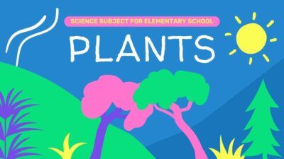 Tema científico para apresentação sobre plantas para ensino fundamental em azul, cor de laranja, cor-de-rosa e amarelo com doodles ilustrados