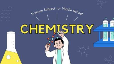 Apresentação ilustrada em azul-escuro e neon para apresentação do ensino da química no ensino médio