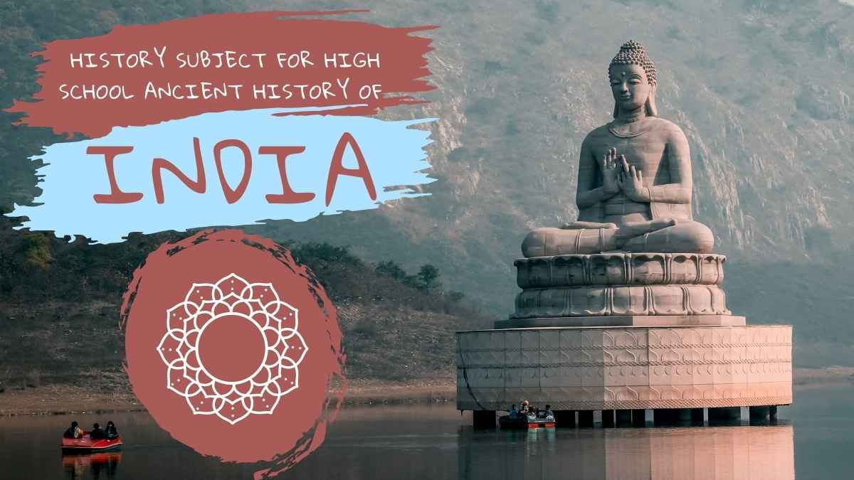 Aula sobre a história antiga da Índia com doodles em castanho e azul - slide 0