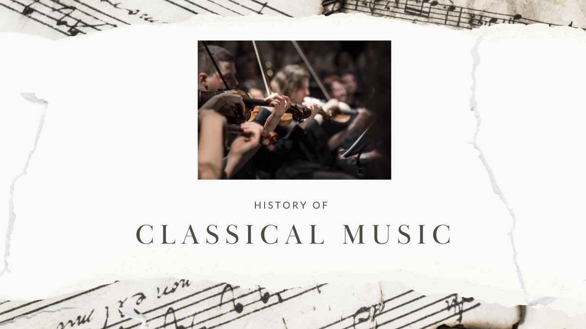 Apresentação sobre história da música clássica em bege e castanho - slide 0