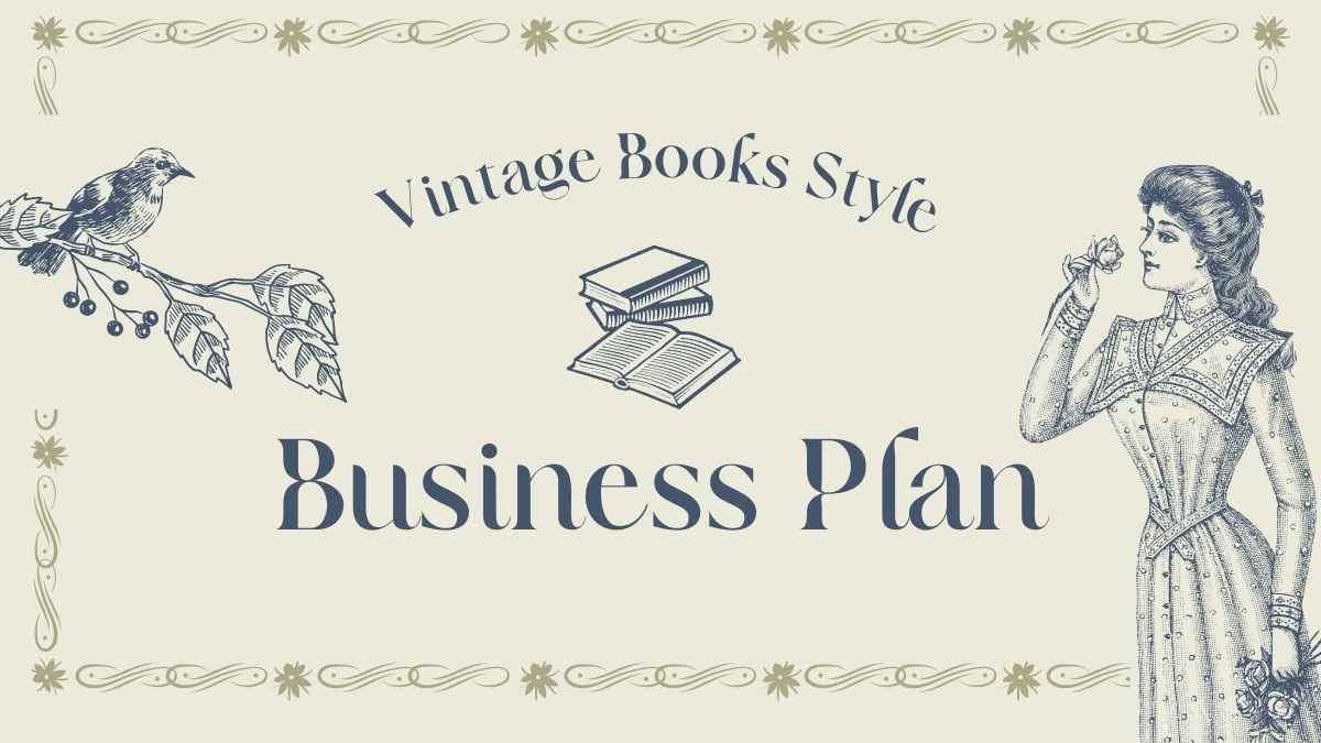 Apresentação do plano de negócios em estilo de livros vintage em marfim e marinho - slide 0