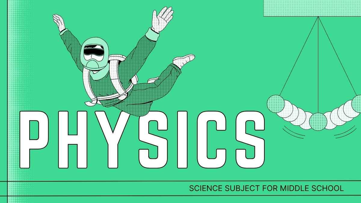 Ilustração retrô em meio-tom verde-claro e verde-neon do tema de ciências para física do ensino médio - slide 0