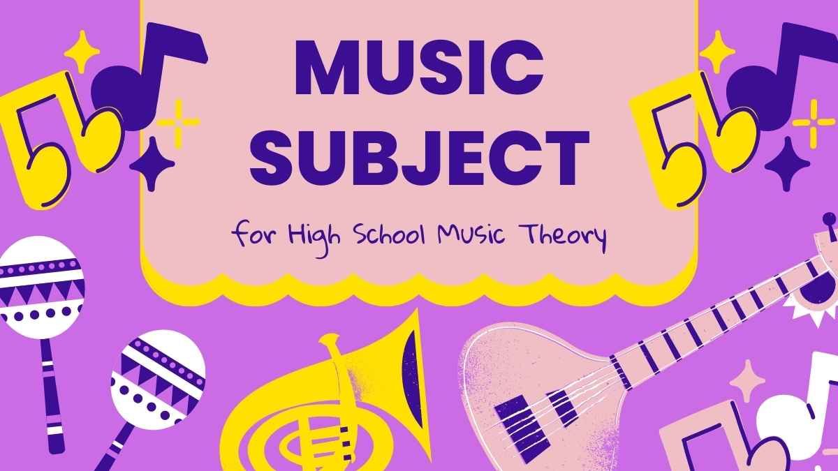 Apresentação pedagógica ilustrada em roxo e amarelo para a disciplina de teoria musical de Ensino Médio - slide 0