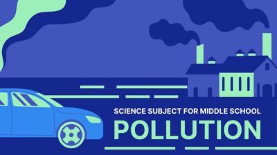 Tema científico com recortes em neon, verde, azul e negrito para apresentação sobre poluição no Ensino Médio