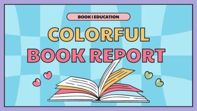Apresentação de relatório sobre livros coloridos com recortes em xadrez e pastel