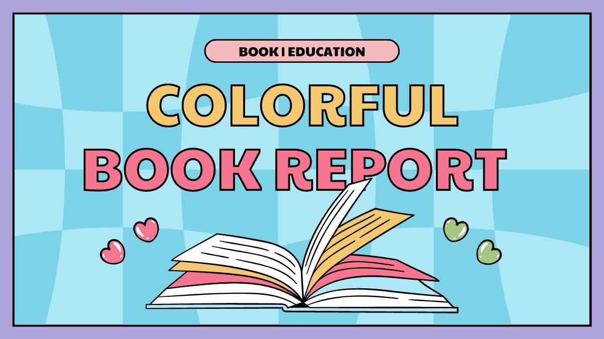 Apresentação de relatório sobre livros coloridos com recortes em xadrez e pastel - slide 0