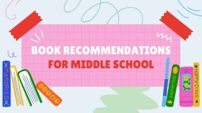 Apresentação de recomendações de livros com recortes fofos, cor-de-rosa e azul para Ensino Médio