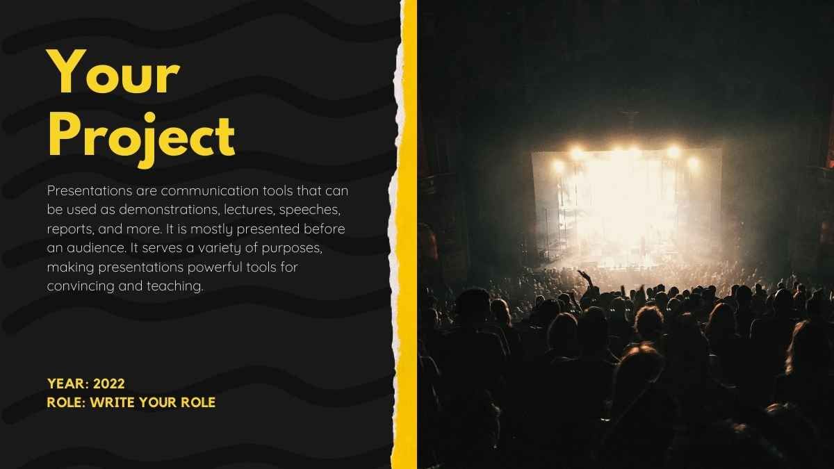 Apresentação de negócios criativa a preto e amarelo de plano de marketing de festival de música pop - slide 11