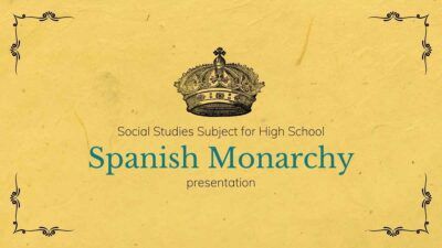 Apresentação de estudos sociais sobre a monarquia espanhola em bege e vermelho e estilo vintage