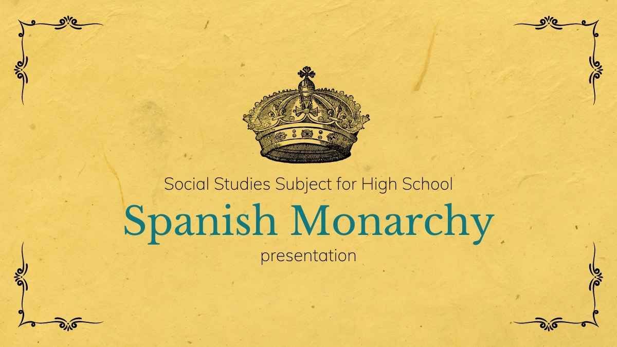 Apresentação de estudos sociais sobre a monarquia espanhola em bege e vermelho e estilo vintage - slide 0