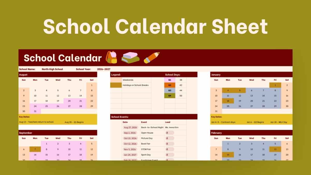 Aesthetic School Calendar Sheet - slide 1