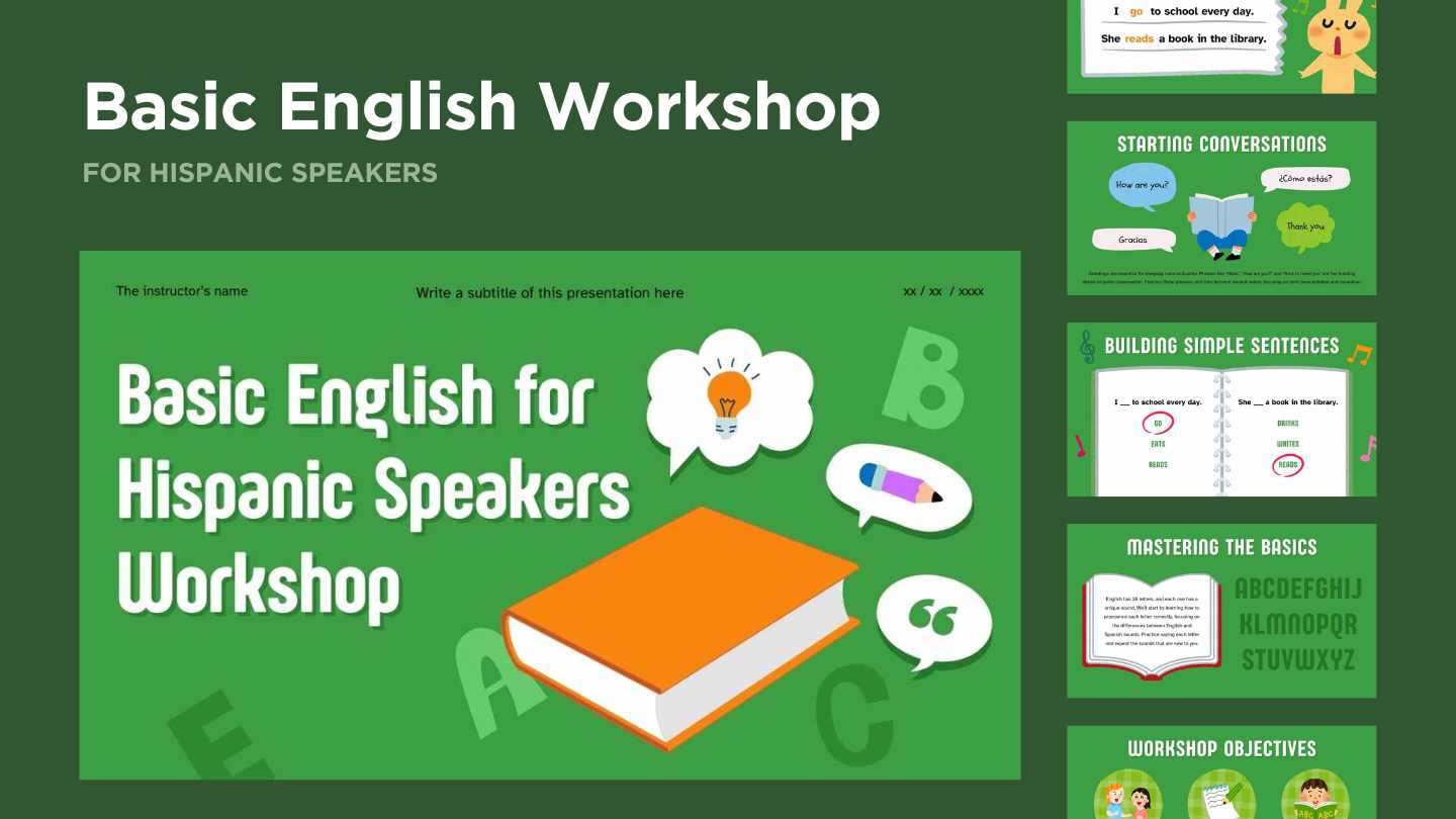 Cute Basic English for Hispanic Speakers Workshop - slide 1
