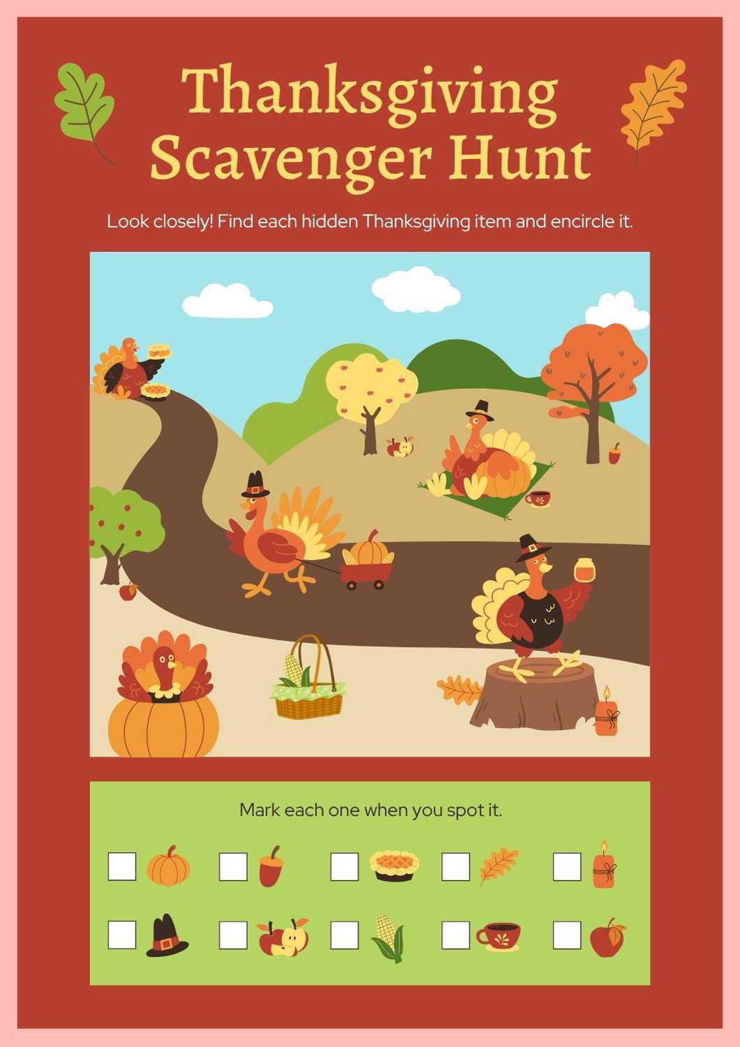 Cute Thanksgiving Scavenger Hunt Worksheet - slide 1