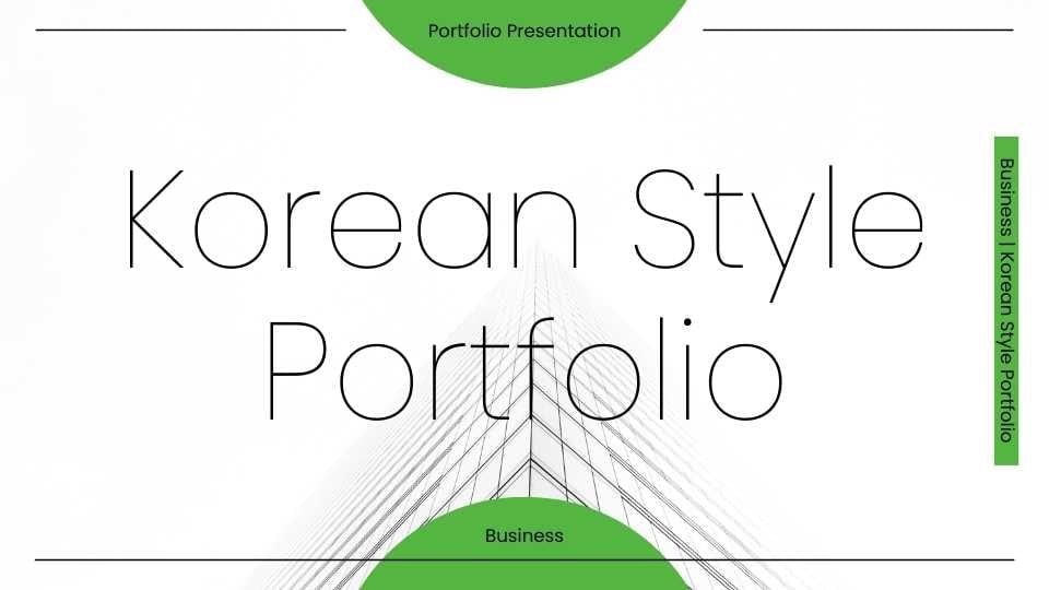 Portfólio de Slides Simples para Negócios em Estilo Coreano Verde e Branco - deslizar 1