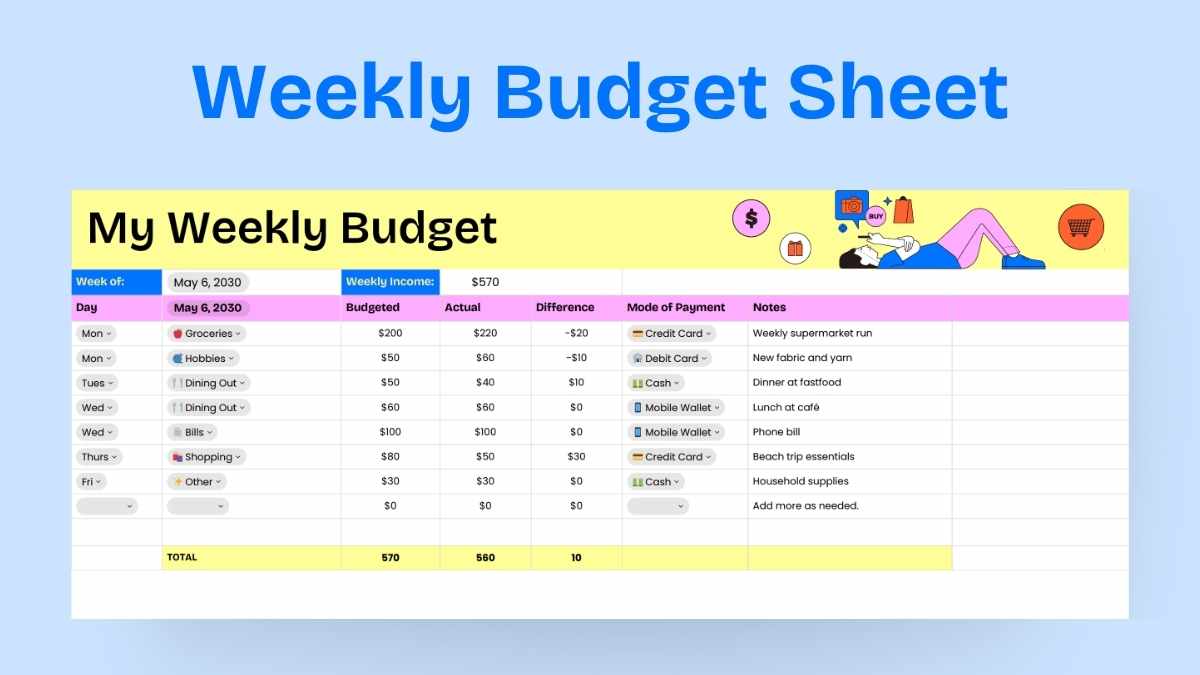 Illustrated Weekly Budget Sheet - slide 1