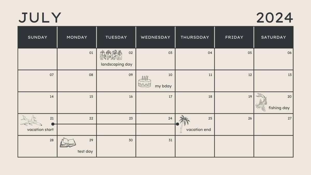Calendario diario minimalista de julio - diapositiva 3
