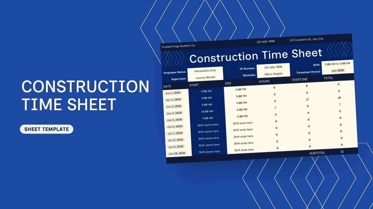 Professional Construction Time Sheet - slide 1