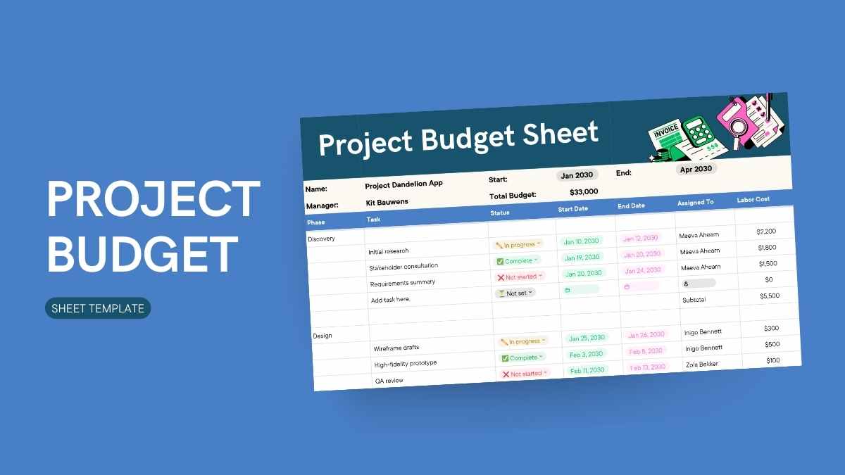 Professional Project Budget Sheet - slide 1