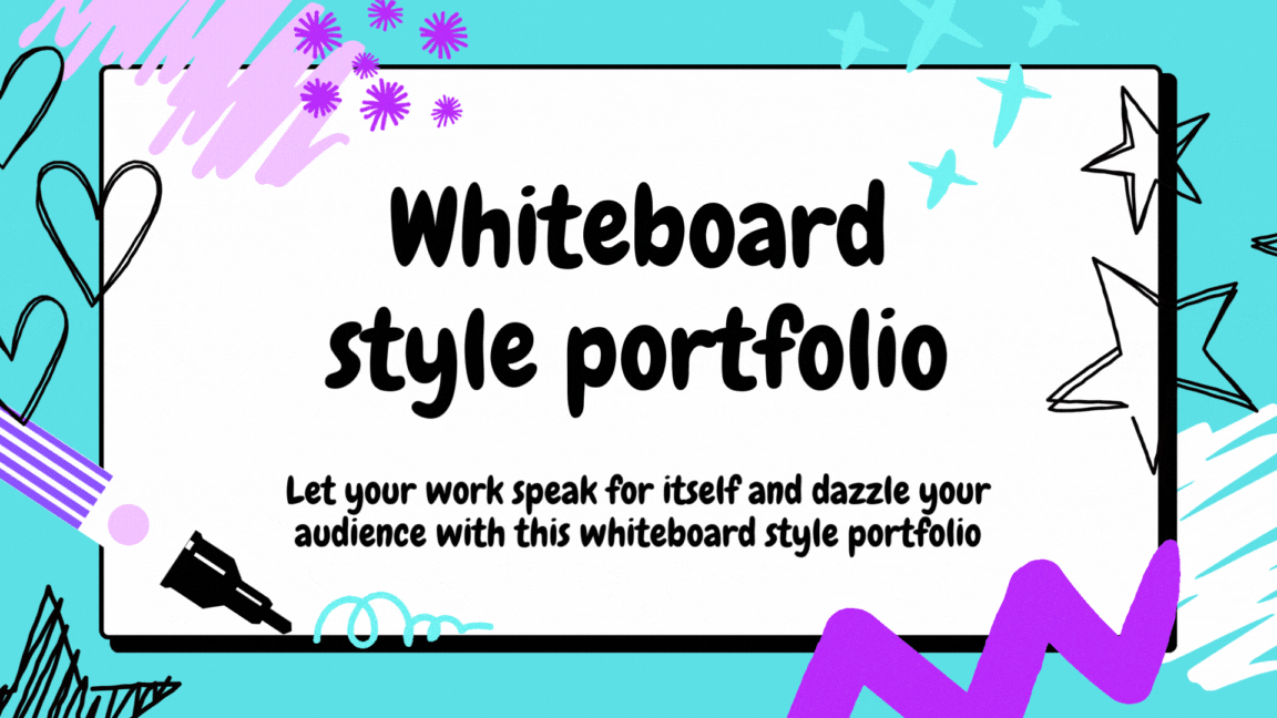 청록색과 보라색 화이트보드 스타일의 두들 포트폴리오 - 슬라이드 1