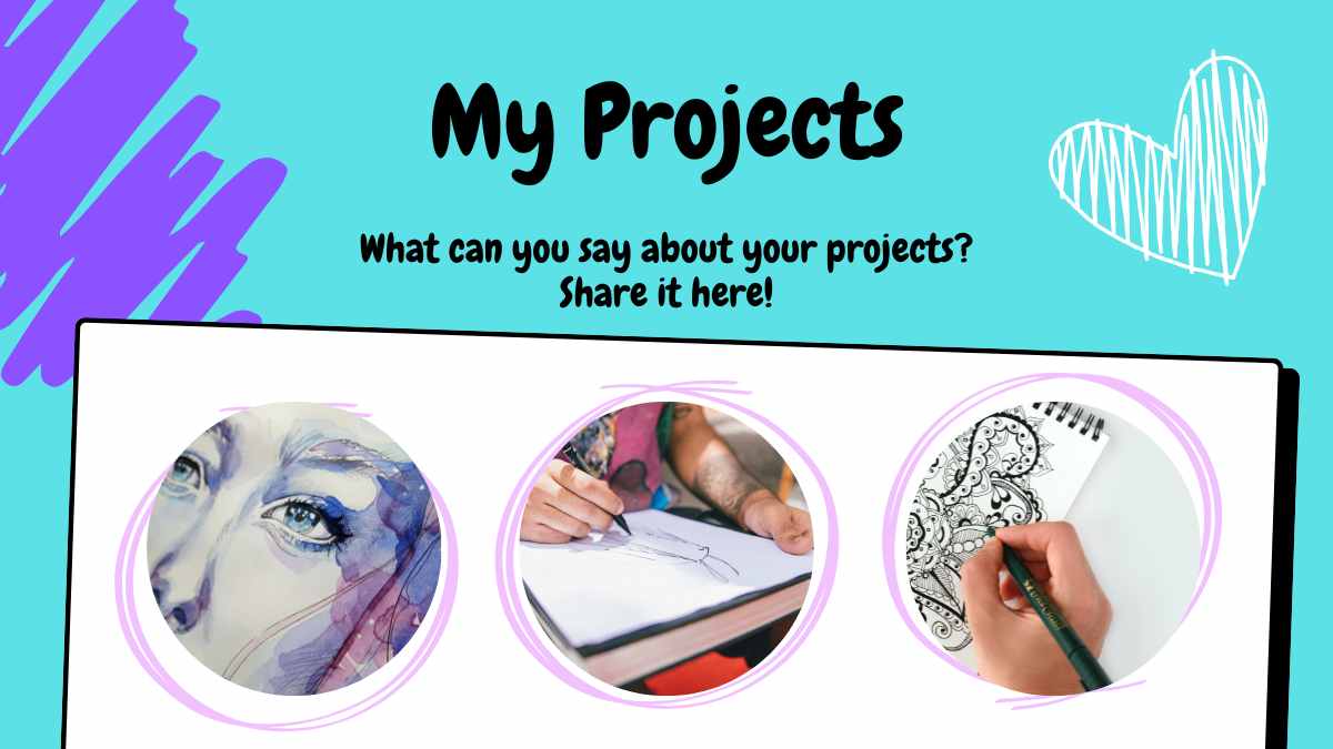 청록색과 보라색 화이트보드 스타일의 두들 포트폴리오 - 슬라이드 9