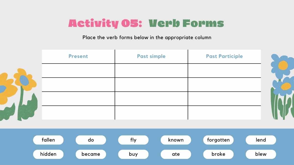 Questionário de atividades sobre verbos com florais - slide 10