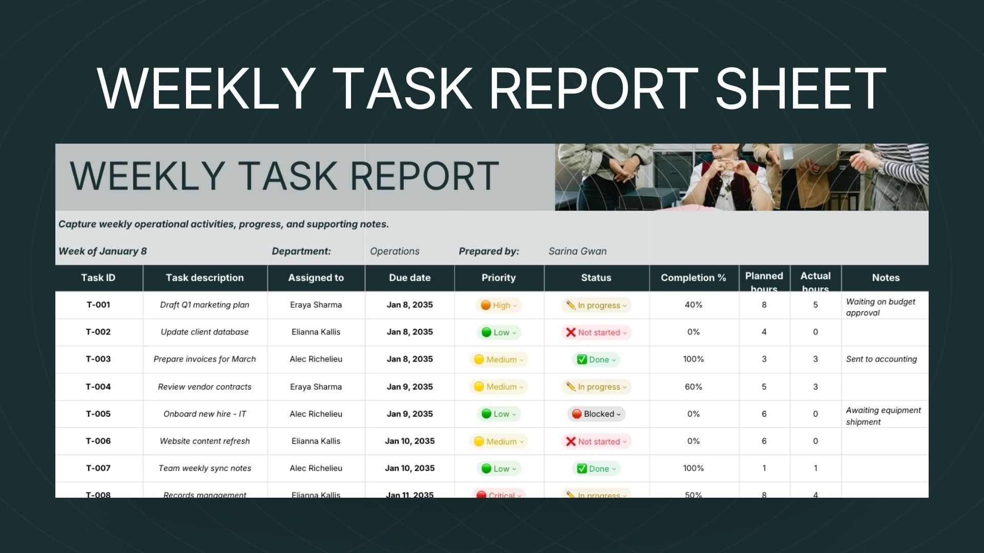 Weekly Task Report Sheet - slide 1