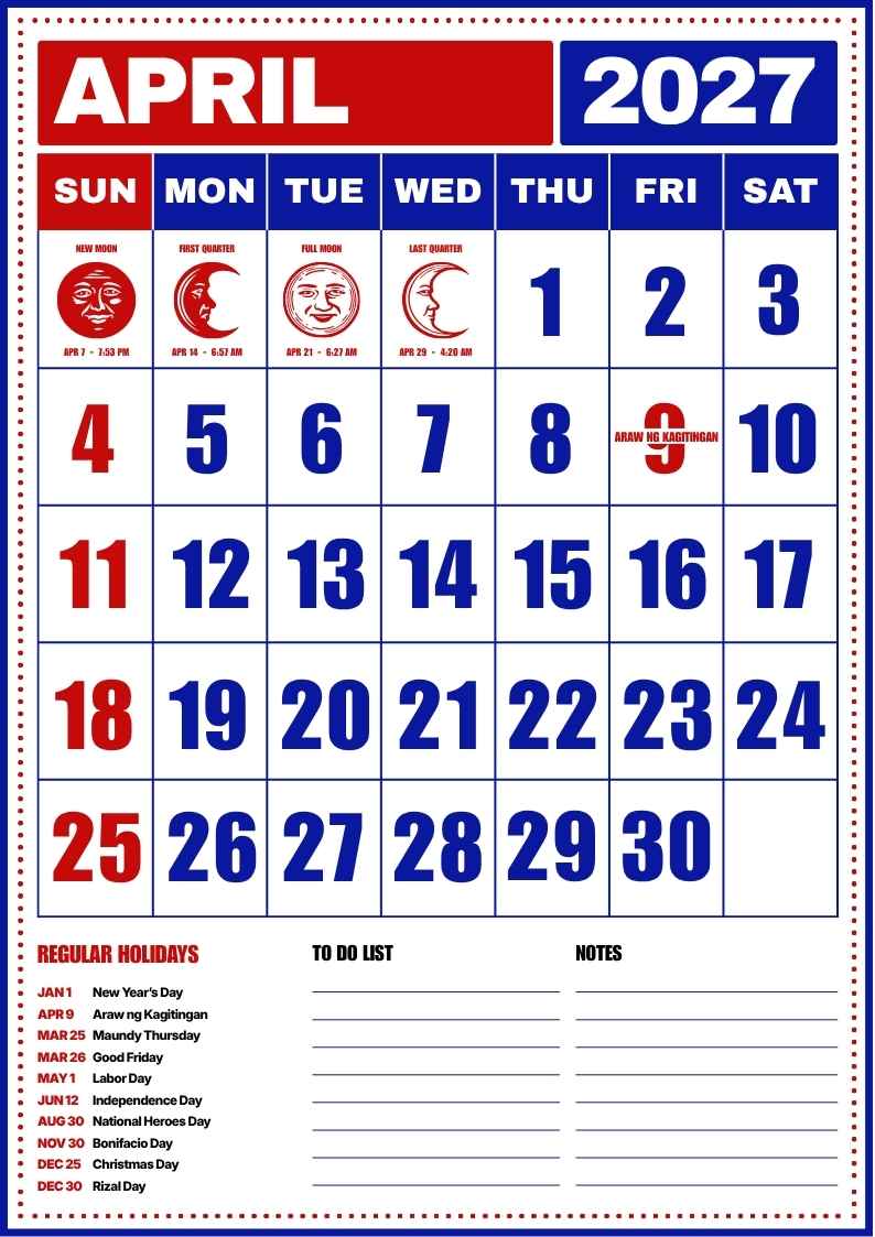 April 2027 Philippine Holiday Calendar - slide 1