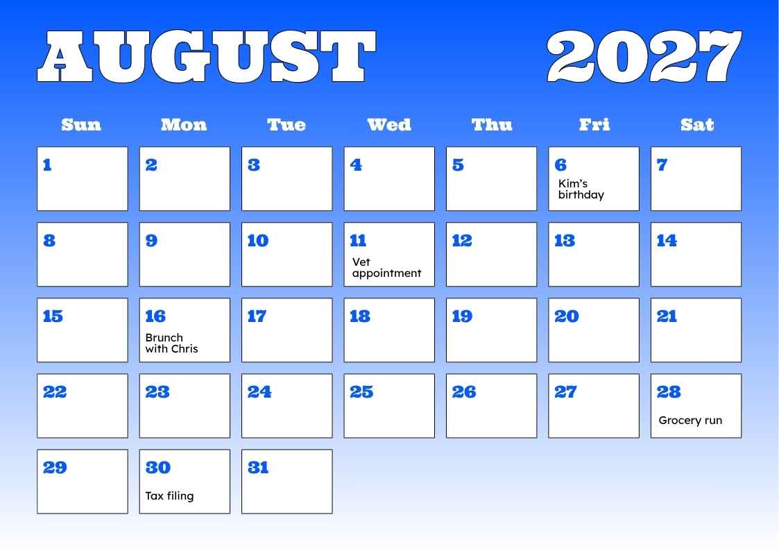 August 2027 Personal Calendar - slide 1