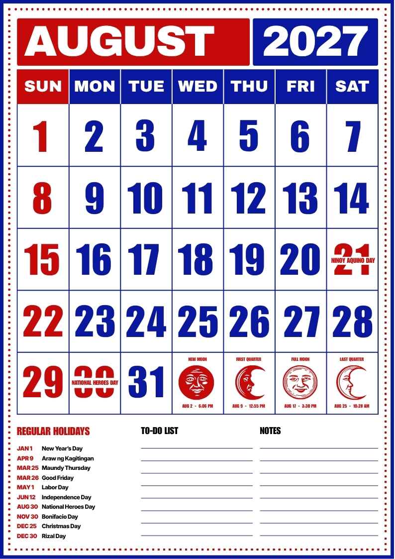 August 2027 Philippine Holiday Calendar - slide 1