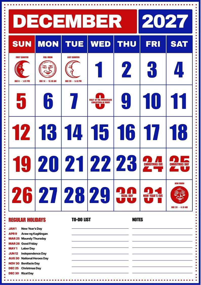 December 2027 Philippine Holiday Calendar - slide 1