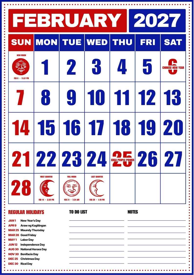 February 2027 Philippine Holiday Calendar - slide 1