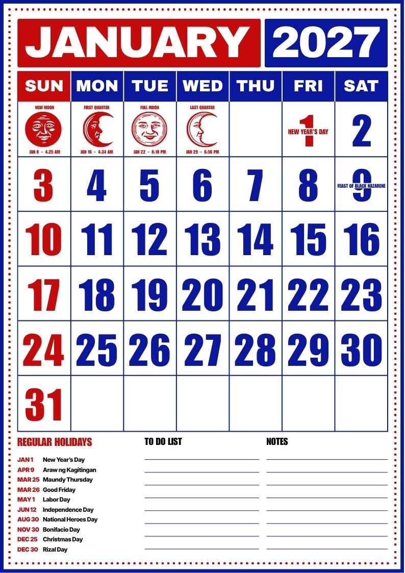 January 2027 Philippine Holiday Calendar - slide 1