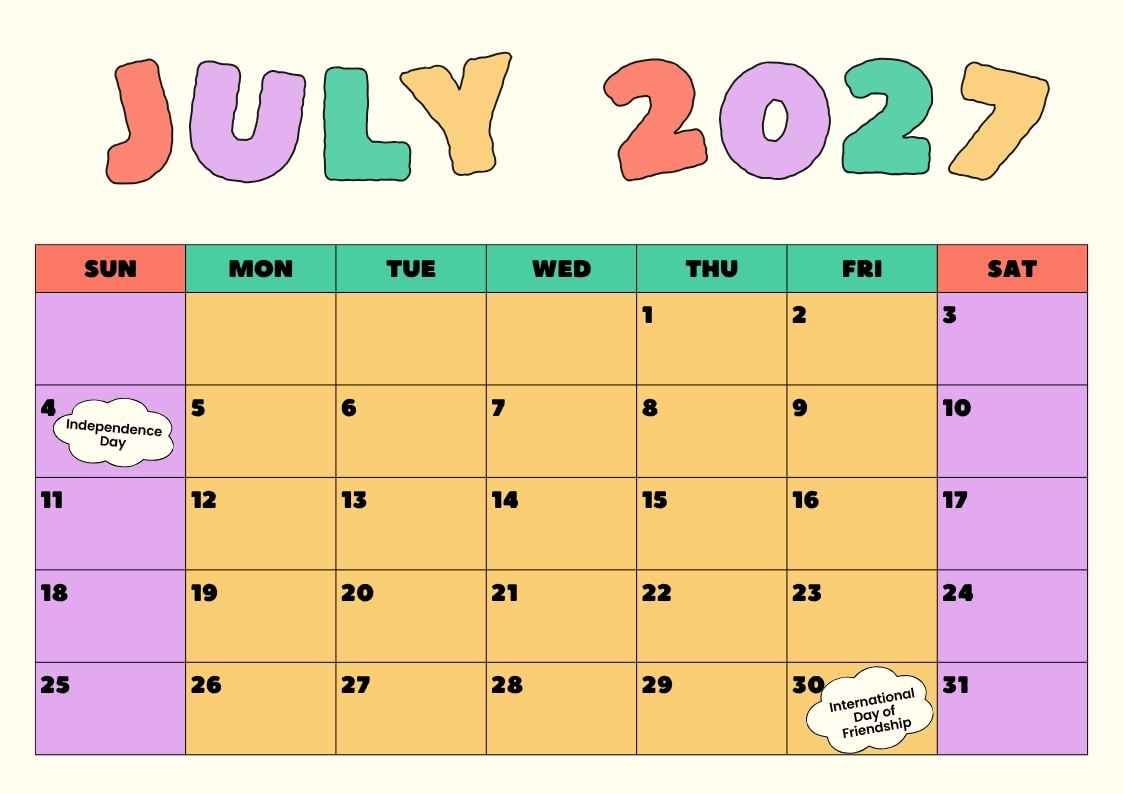 July 2027 Holiday Calendar - slide 1