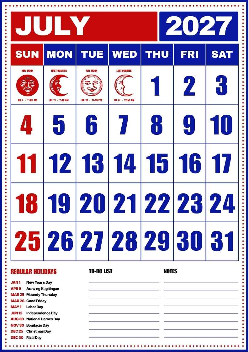 July 2027 Philippine Holiday Calendar - slide 1