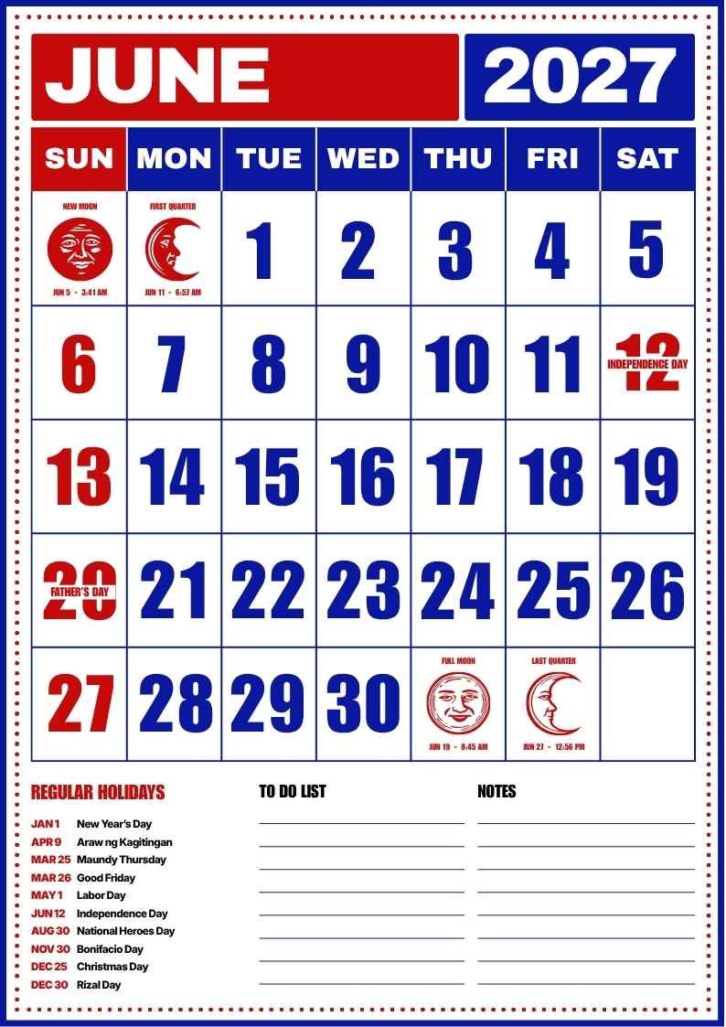 June 2027 Philippine Holiday Calendar - slide 1