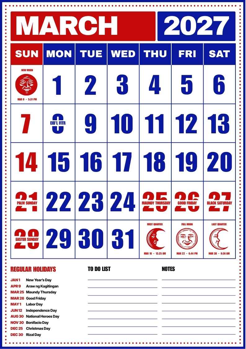 March 2027 Philippine Holiday Calendar - slide 1