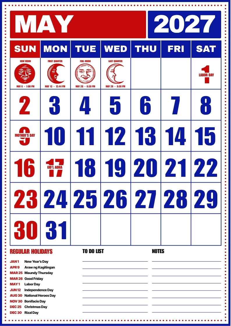 May 2027 Philippine Holiday Calendar - slide 1