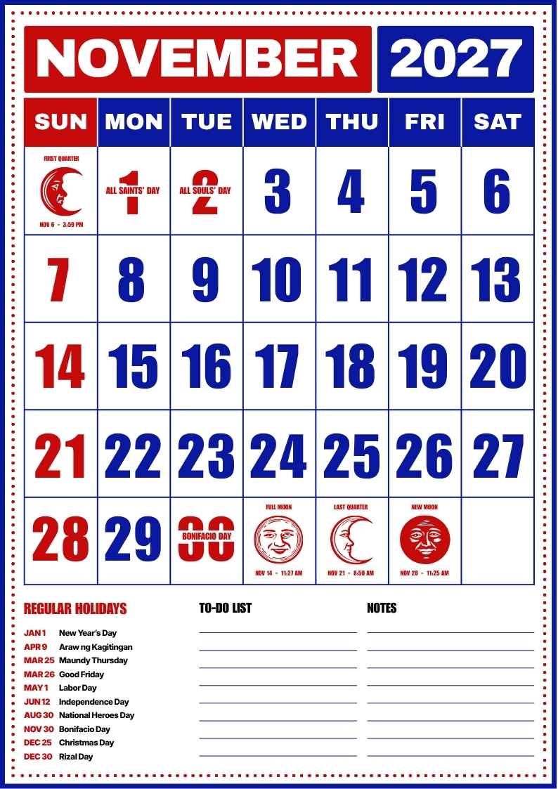 November 2027 Philippine Holiday Calendar - slide 1