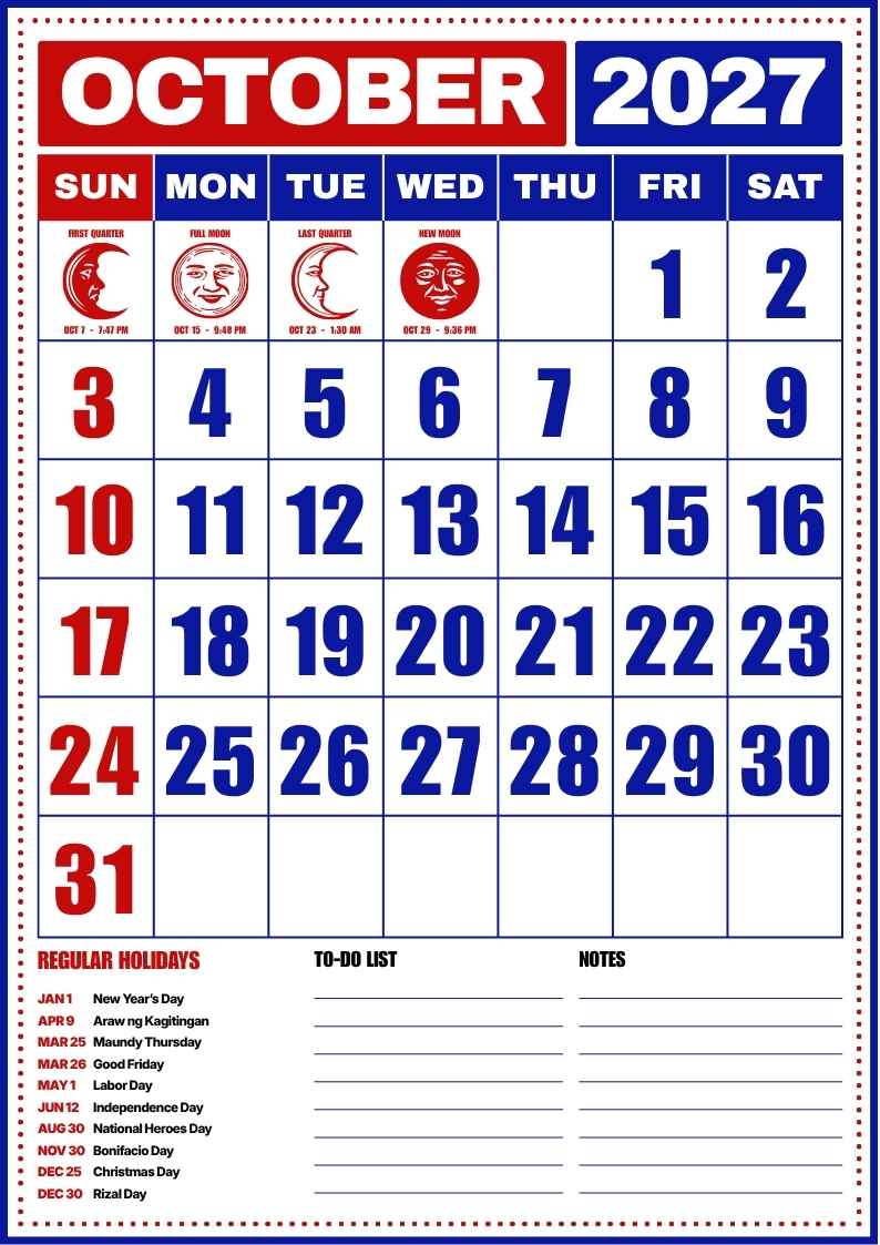 October 2027 Philippine Holiday Calendar - slide 1