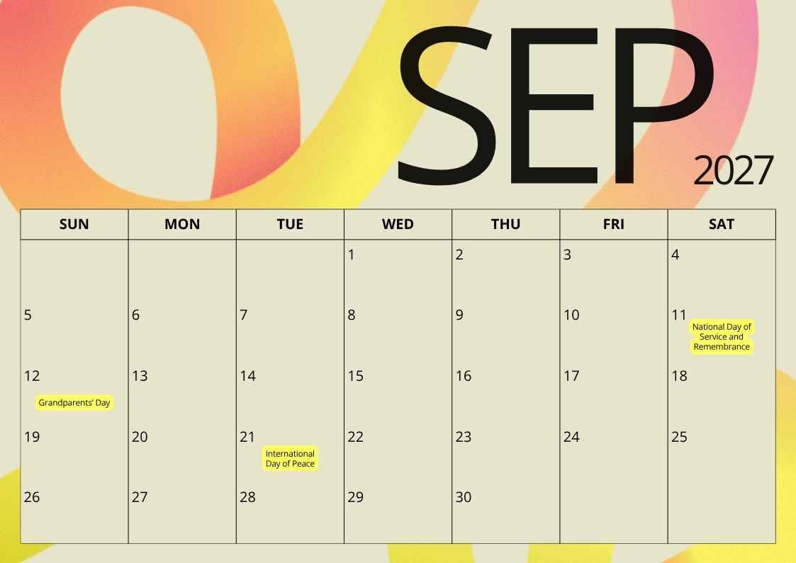 September 2027 Holiday Calendar - slide 1
