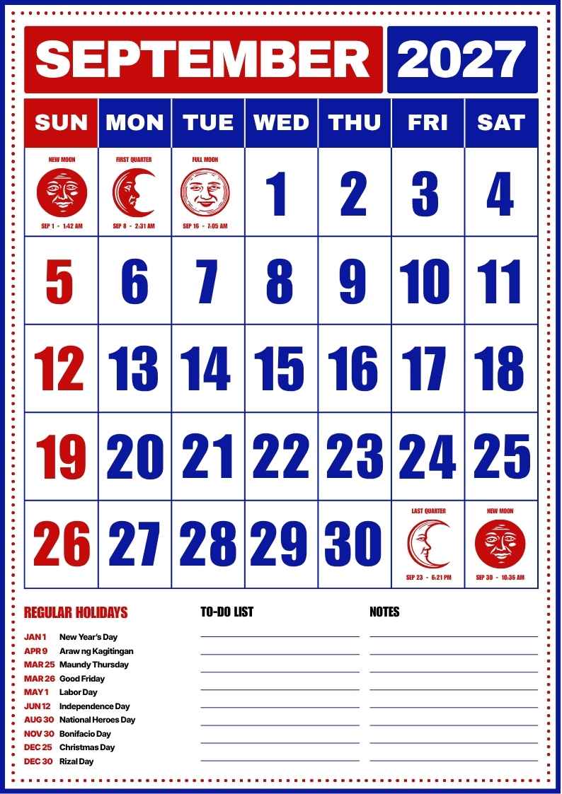 September 2027 Philippine Holiday Calendar - slide 1