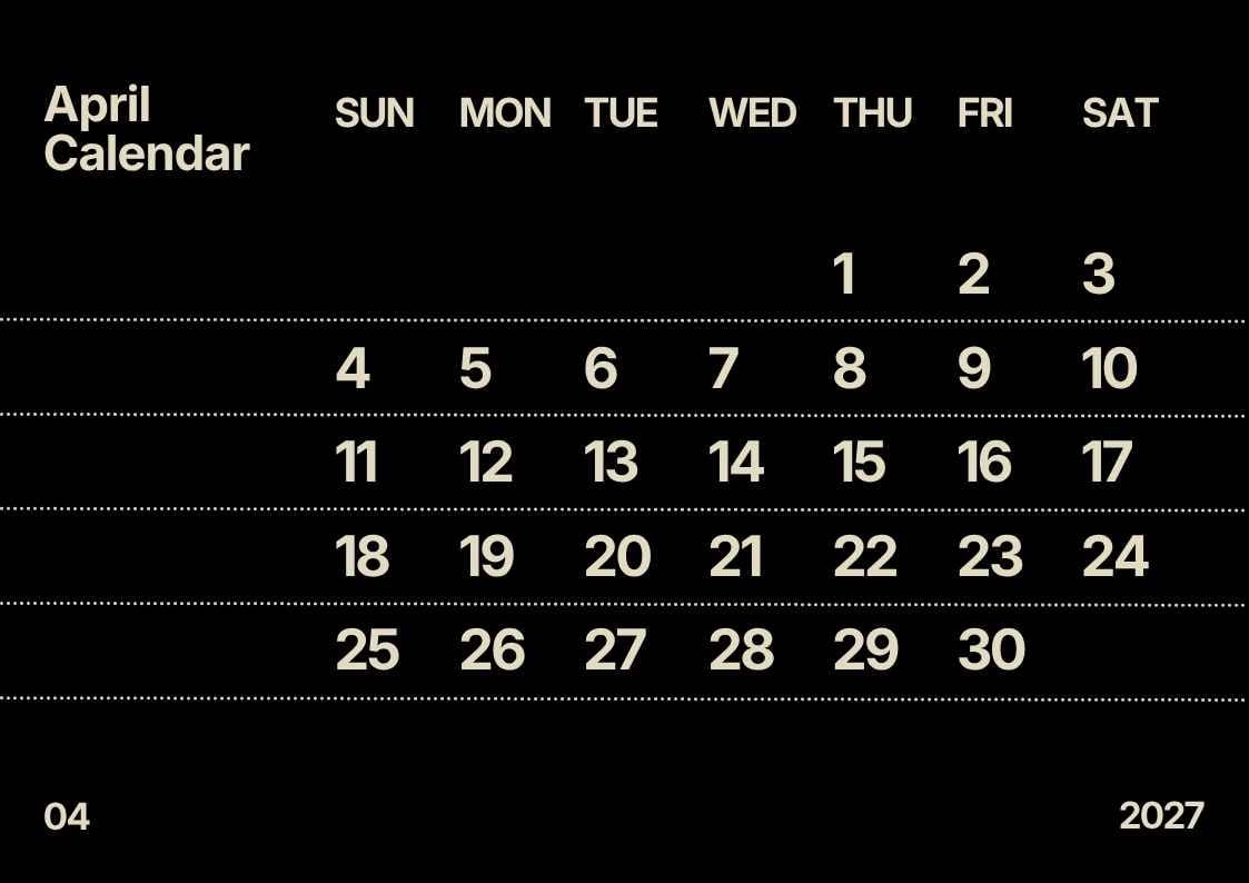 Simple April 2027 Calendar - slide 1