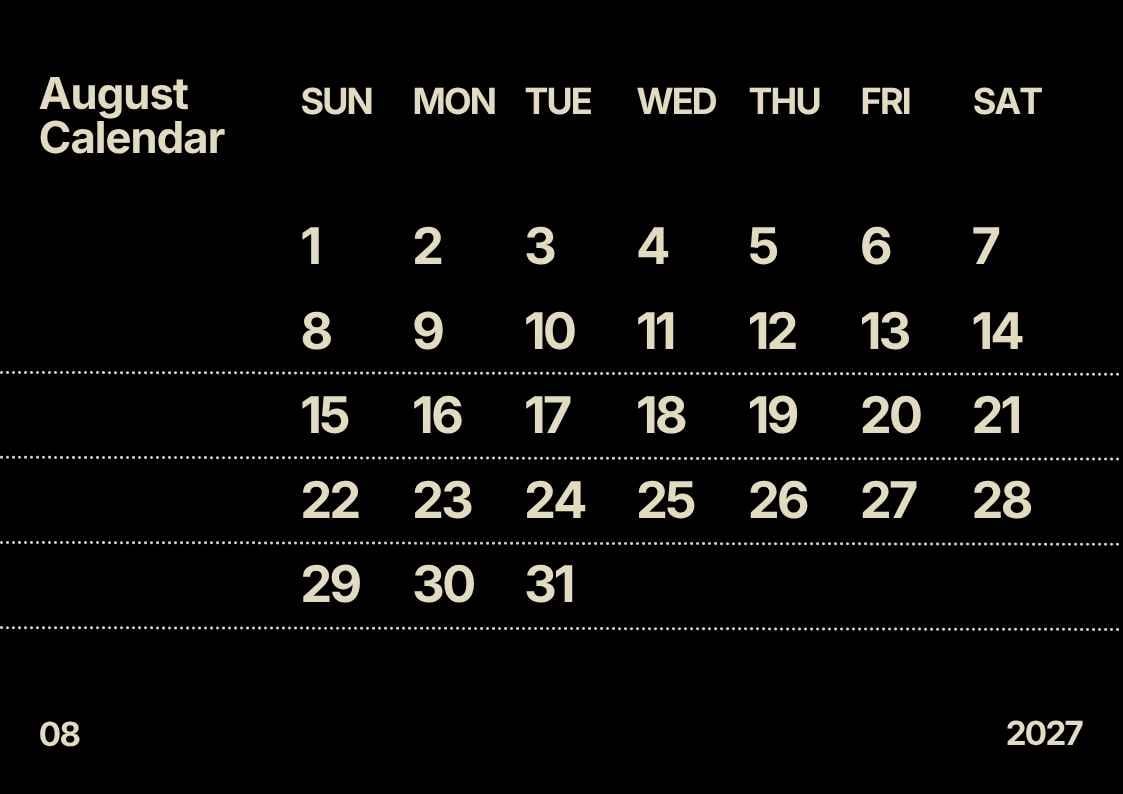 Simple August 2027 Calendar - slide 1