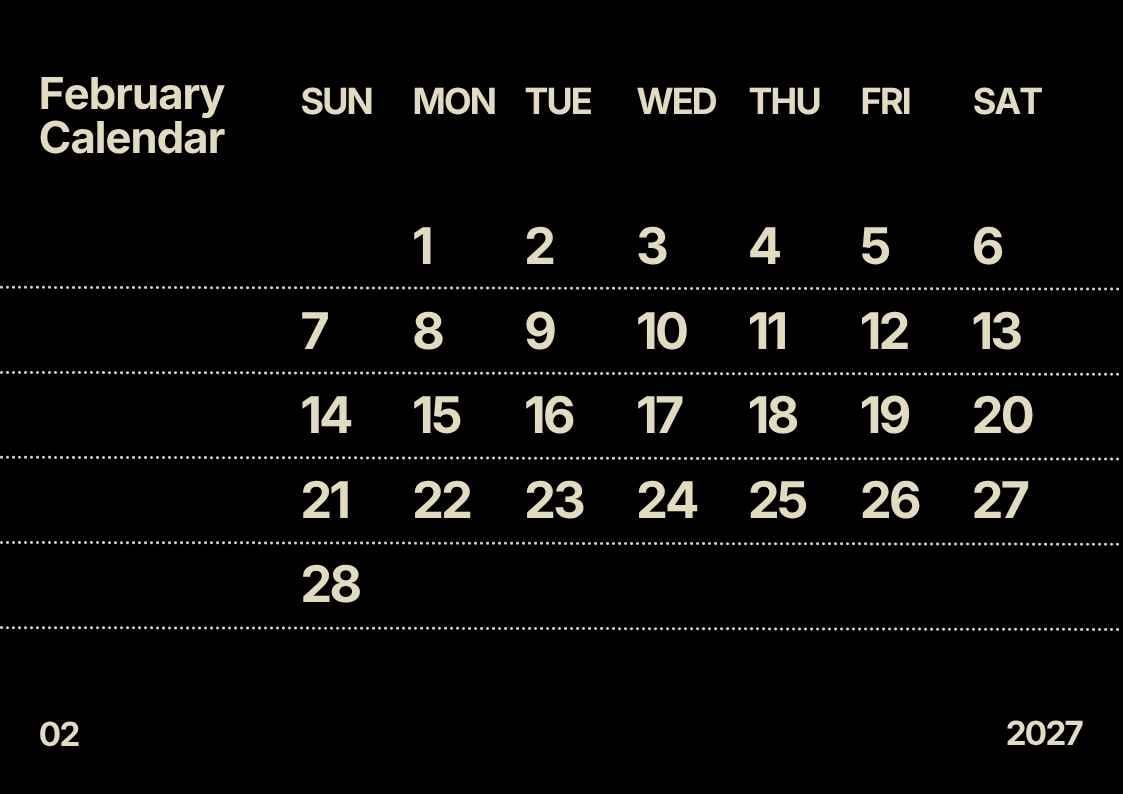 Simple February 2027 Calendar - slide 1